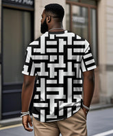 Men's Plus Size Black And White Geometric Stripe Print Henley Collar Button Short Sleeve T-shirt